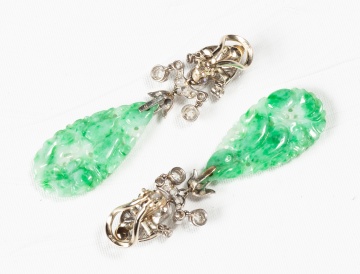 Pair of Art Deco Carved Jade and Diamond Pendant Earrings