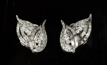 Pair of Tiffany & Co. Approximately 6 Carat Diamond and Platinum Leaf Earclips