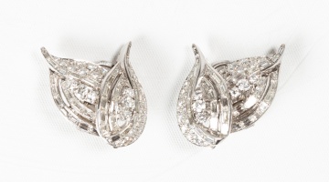 Pair of Tiffany & Co. Approximately 6 Carat Diamond and Platinum Leaf Earclips