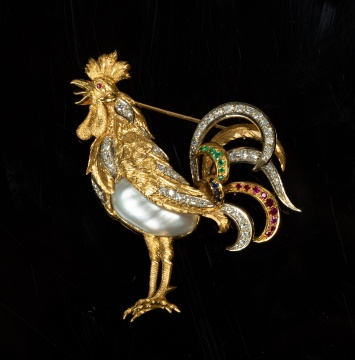 18K Gold, Baroque Pearl and Gem-Set Rooster Brooch