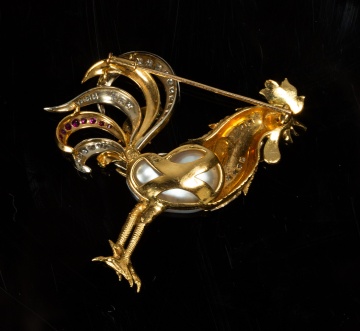 18K Gold, Baroque Pearl and Gem-Set Rooster Brooch