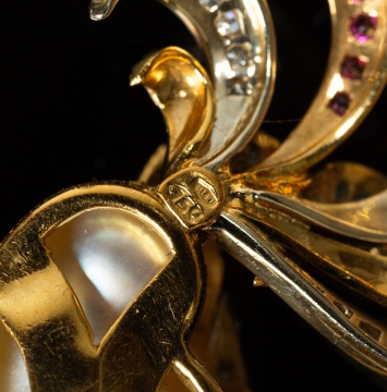 18K Gold, Baroque Pearl and Gem-Set Rooster Brooch