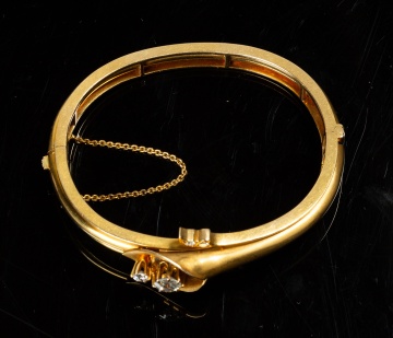 German Jugendstil 14K Gold and Diamond Hinged Bangle