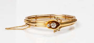 German Jugendstil 14K Gold and Diamond Hinged Bangle