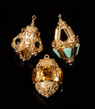 Three Italian Etruscan Revival 18K Gold and Gem-Set Lantern Charms