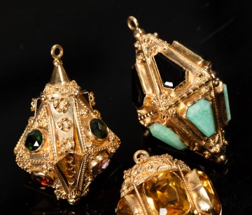 Three Italian Etruscan Revival 18K Gold and Gem-Set Lantern Charms