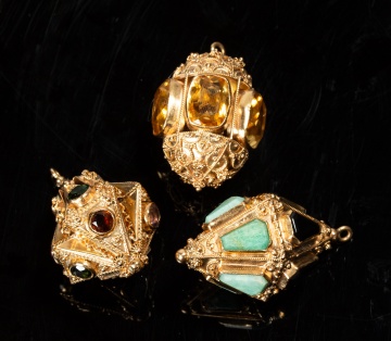 Three Italian Etruscan Revival 18K Gold and Gem-Set Lantern Charms