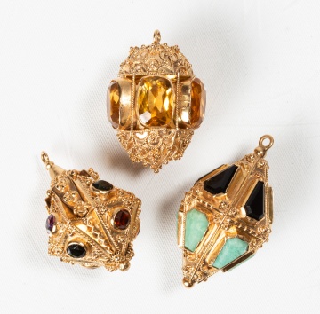 Three Italian Etruscan Revival 18K Gold and Gem-Set Lantern Charms