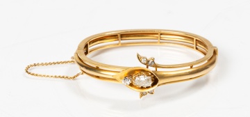 German Jugendstil 14K Gold and Diamond Hinged Bangle
