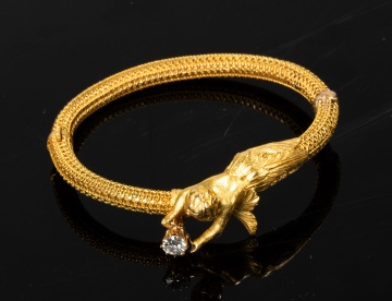 Art Nouveau 14K Gold and Diamond Figural Bangle