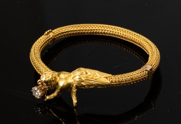 Art Nouveau 14K Gold and Diamond Figural Bangle