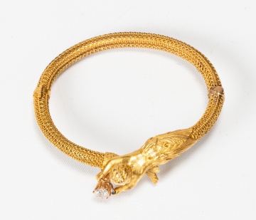 Art Nouveau 14K Gold and Diamond Figural Bangle