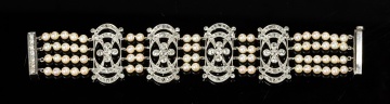 Edwardian Platinum, Diamond and Natural Pearl Bracelet