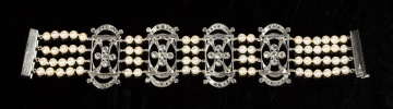 Edwardian Platinum, Diamond and Natural Pearl Bracelet