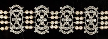 Edwardian Platinum, Diamond and Natural Pearl Bracelet