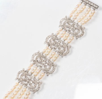 Edwardian Platinum, Diamond and Natural Pearl Bracelet
