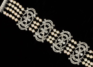 Edwardian Platinum, Diamond and Natural Pearl Bracelet