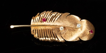 14K Gold, Diamond and Ruby Feather Brooch