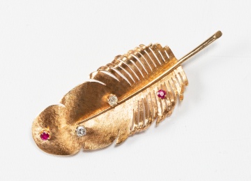 14K Gold, Diamond and Ruby Feather Brooch