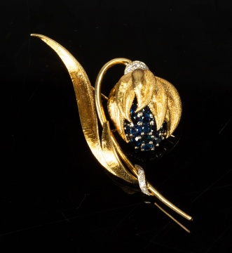 18K Gold, Sapphire and Diamond Flower Brooch