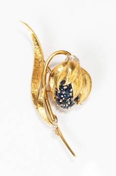 18K Gold, Sapphire and Diamond Flower Brooch