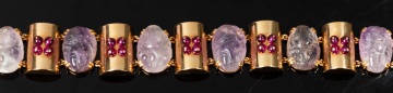 Retro 14K Gold, Carved Amethyst and Synthetic Ruby Bracelet
