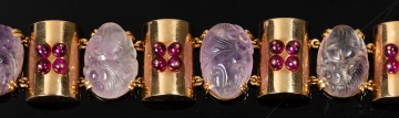 Retro 14K Gold, Carved Amethyst and Synthetic Ruby Bracelet