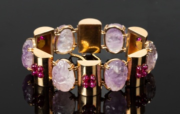 Retro 14K Gold, Carved Amethyst and Synthetic Ruby Bracelet