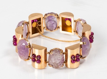 Retro 14K Gold, Carved Amethyst and Synthetic Ruby Bracelet