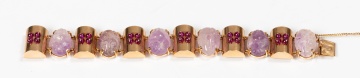 Retro 14K Gold, Carved Amethyst and Synthetic Ruby Bracelet