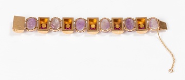 Retro 14K Gold, Carved Amethyst and Synthetic Ruby Bracelet