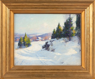 Allen Dean Cochran (American, 1888-1971) Winter Road with Barn and Cedars