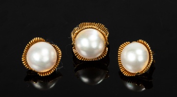 14K Gold and Mabe Pearl Ring and Earclips