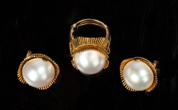 14K Gold and Mabe Pearl Ring and Earclips