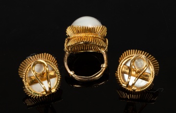 14K Gold and Mabe Pearl Ring and Earclips