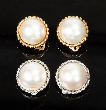 Two Pairs of 14K Gold and Mabe Pearl Earclips