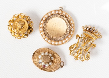 Four 14K Gold Brooches and Pendants