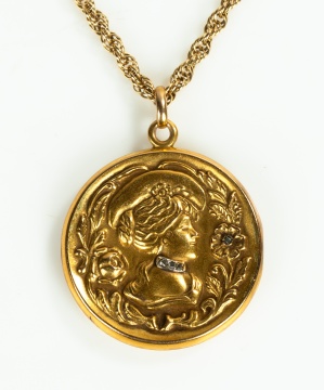 Art Nouveau 14K Gold and Diamond Locket on Chain