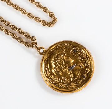 Art Nouveau 14K Gold and Diamond Locket on Chain