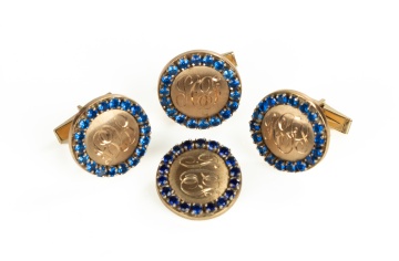 14K Gold and Blue Stone Monogrammed Cufflinks and Pin