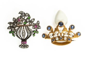 Two Gem-Set Brooches: Silver-Topped Gold Giardinetto and 14K Gold Crown