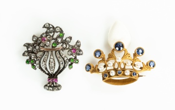 Two Gem-Set Brooches: Silver-Topped Gold Giardinetto and 14K Gold Crown