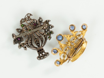 Two Gem-Set Brooches: Silver-Topped Gold Giardinetto and 14K Gold Crown