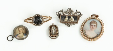 Five Gem-Set Brooches and Pendants with Portrait Miniatures and a Blackamoor Cameo