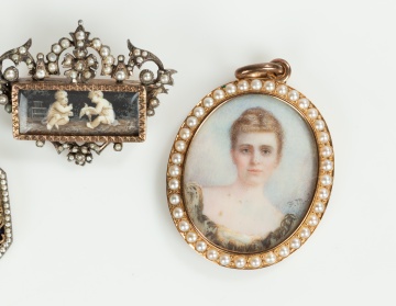 Five Gem-Set Brooches and Pendants with Portrait Miniatures and a Blackamoor Cameo