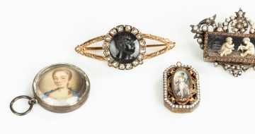 Five Gem-Set Brooches and Pendants with Portrait Miniatures and a Blackamoor Cameo