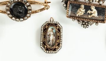 Five Gem-Set Brooches and Pendants with Portrait Miniatures and a Blackamoor Cameo