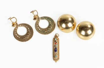 Two Pairs of 14K Gold Earrings and a Filigree Mezuzah Pendant
