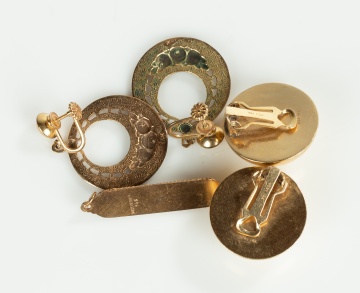Two Pairs of 14K Gold Earrings and a Filigree Mezuzah Pendant