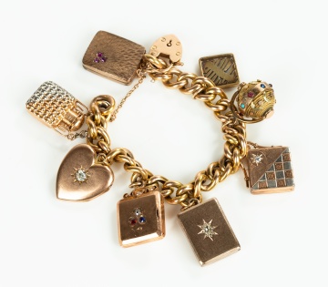 14K Gold Curb-Link Charm Bracelet with Eight Lockets and Charms
